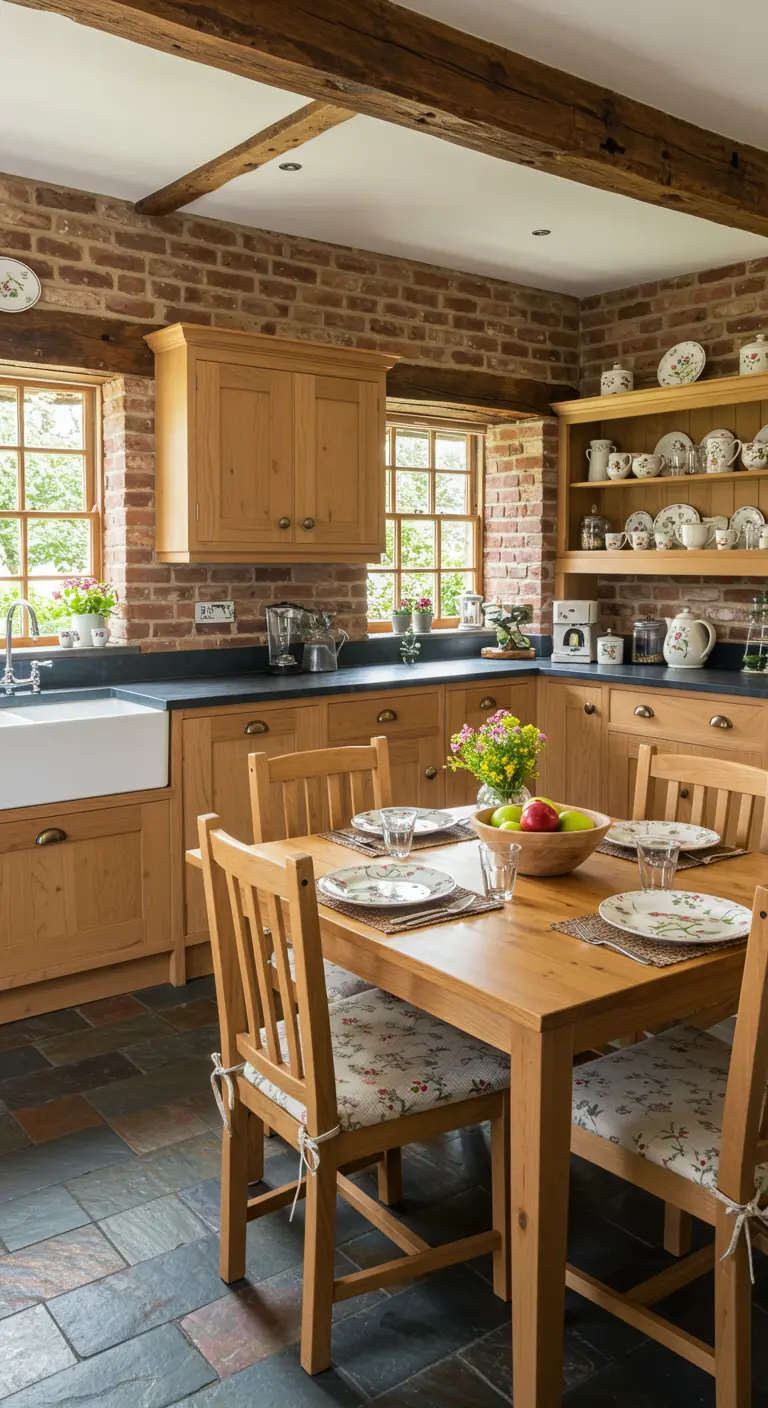 Cocina rústica con pared de ladrillo visto, muebles de roble y sillas con cojines florales.