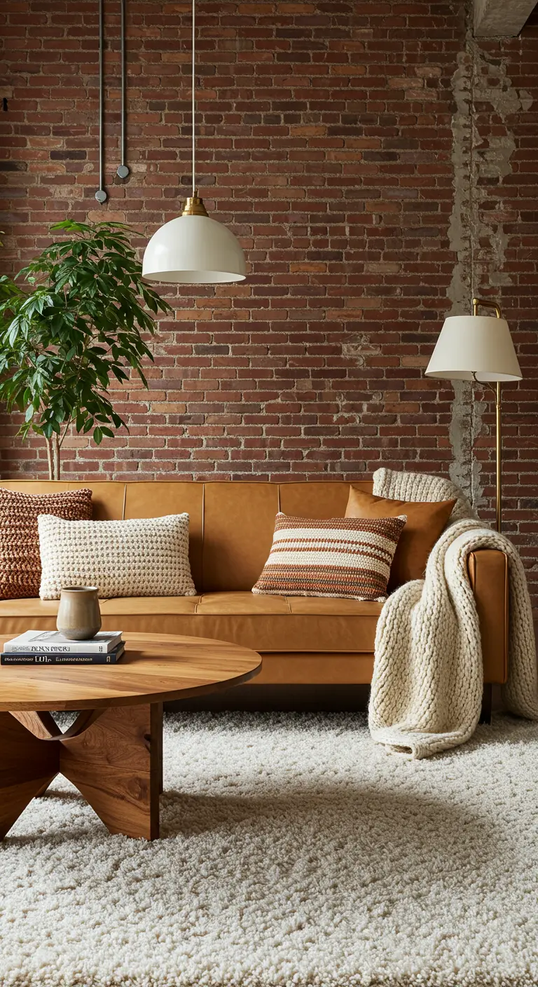 Sala tipo loft con pared de ladrillo visto y sofá de cuero caramelo.