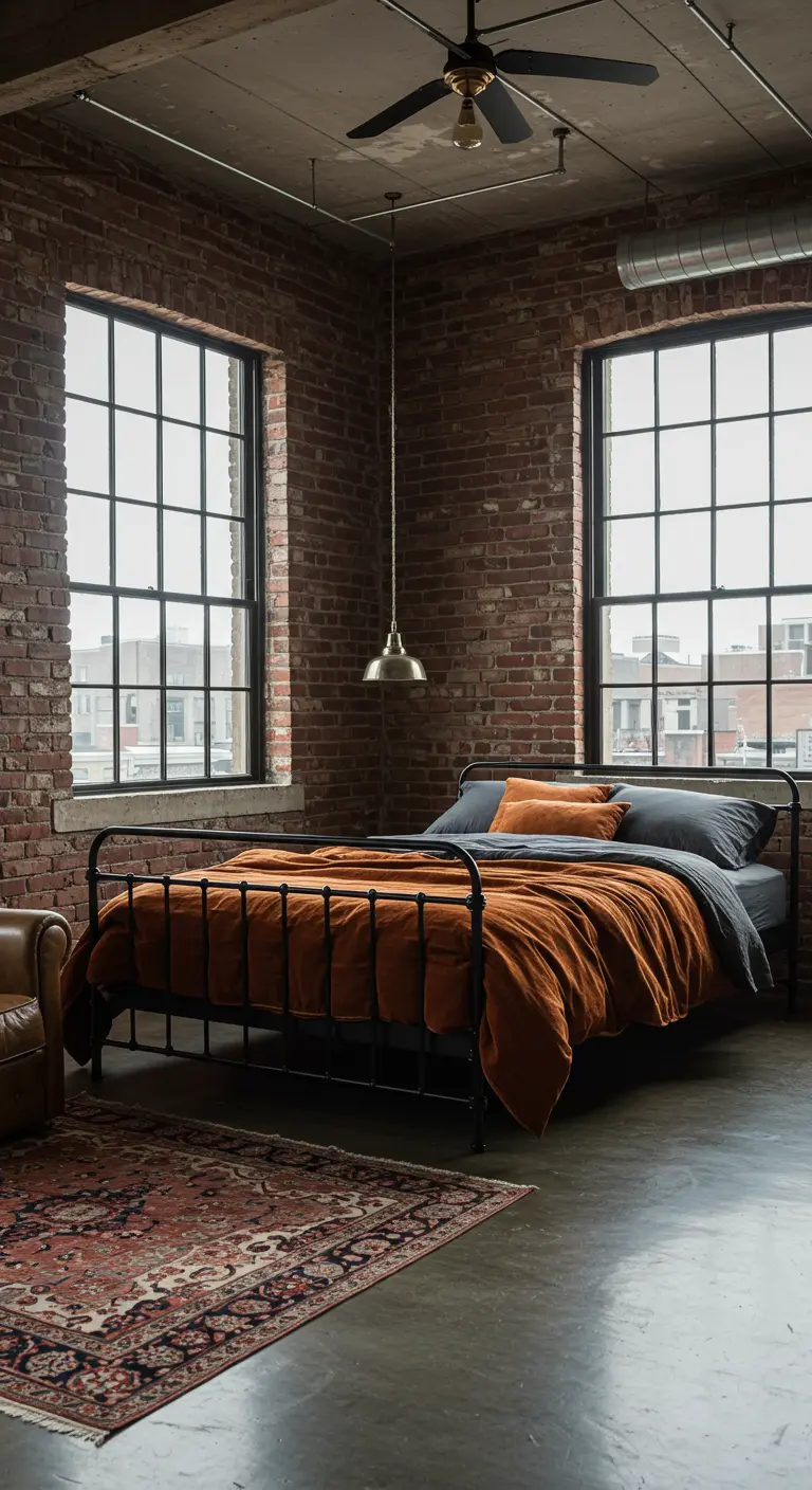 Dormitorio industrial con pared de ladrillo, cama de metal negro y ropa de cama óxido y gris.