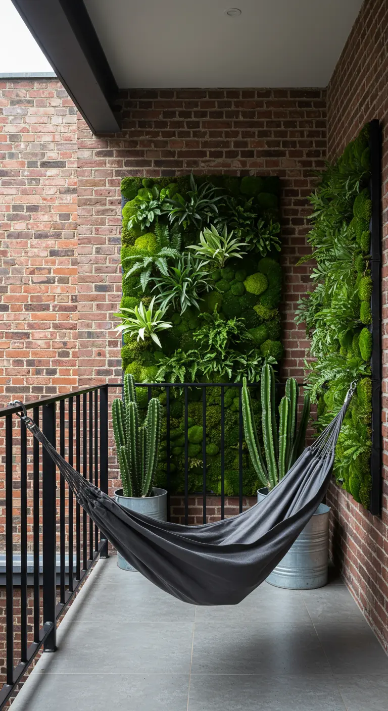 Balcón industrial con pared de ladrillo, hamaca gris y un jardín vertical con musgo y cactus