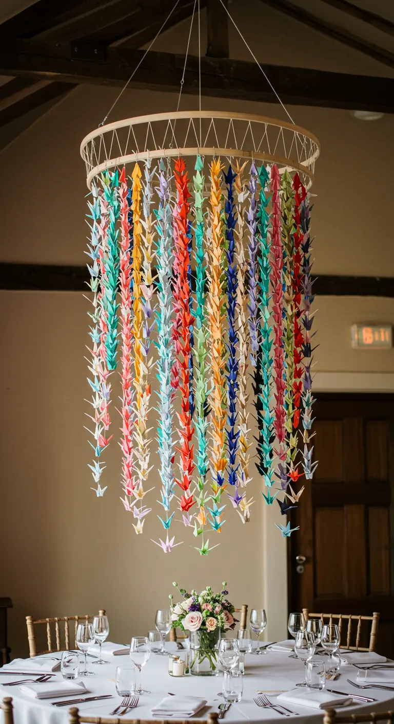 Lámpara de araña hecha con cientos de grullas de origami de colores colgando de un aro.