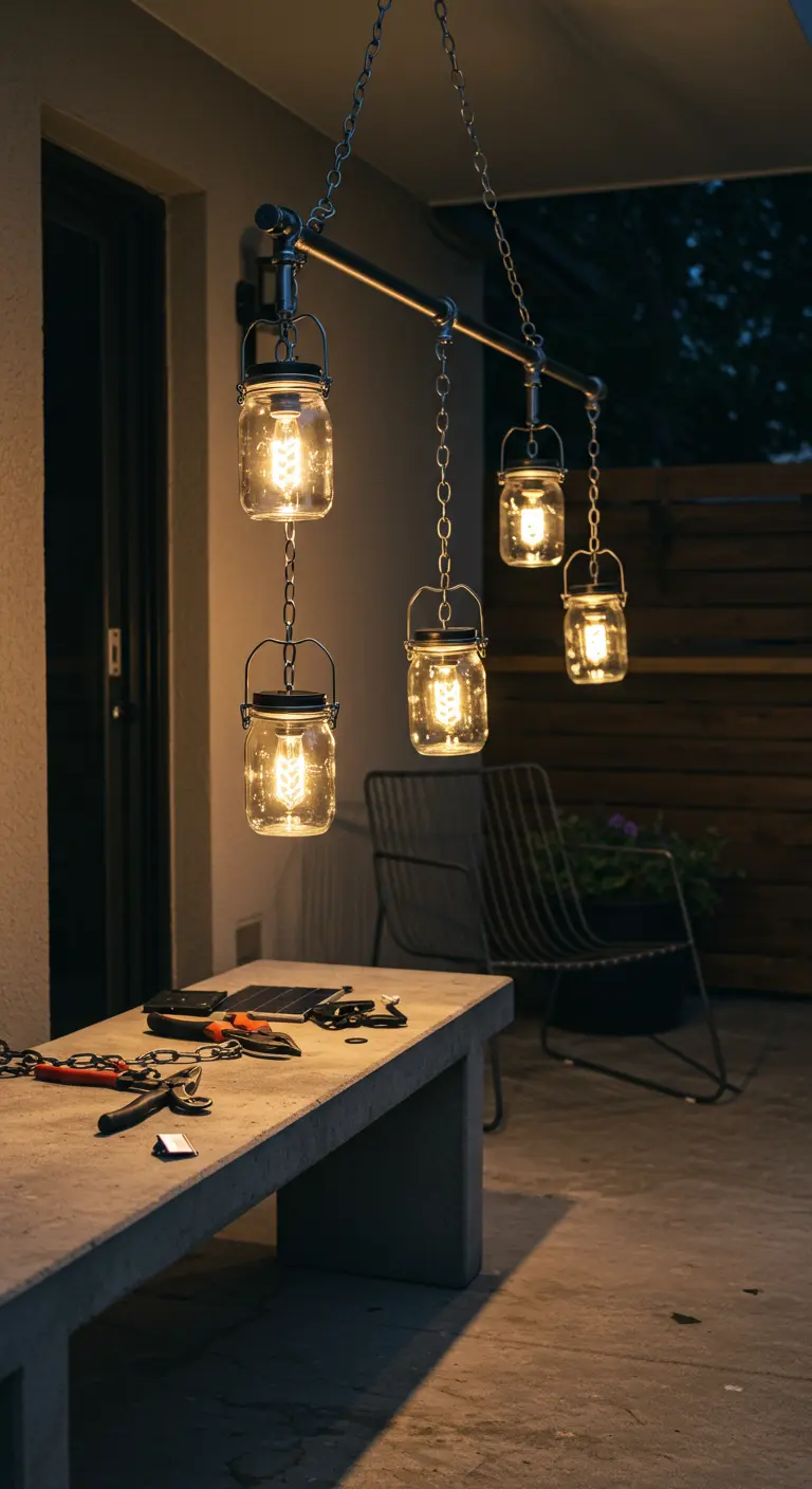 Lámpara colgante de estilo industrial hecha con tuberías y frascos con bombillas solares.