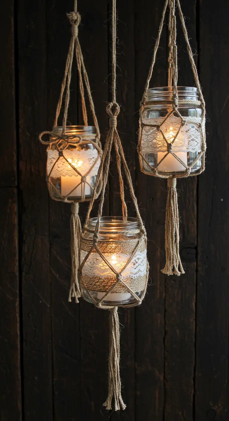 Tres velas en frascos colgantes de macramé con yute y encaje, iluminando un fondo oscuro.