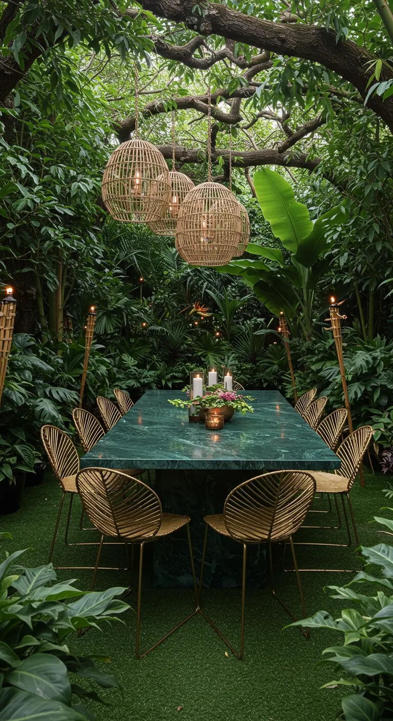 Comedor exterior rodeado de vegetación exuberante con lámparas colgantes de mimbre
