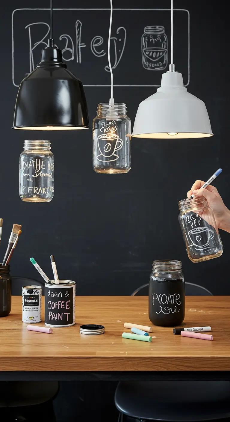 Lámparas de frasco pintadas con pintura de pizarra negra, con dibujos y palabras escritas con tiza.