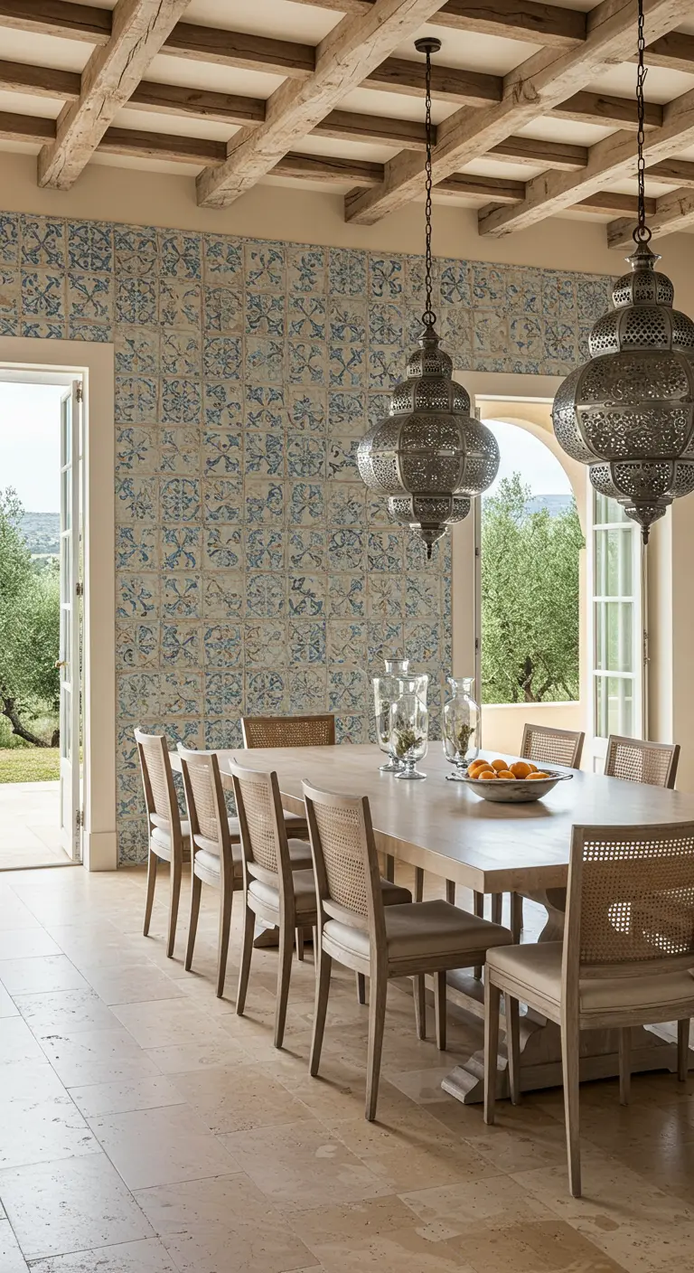 Comedor con pared de azulejos, mesa de madera y grandes lámparas marroquíes de metal calado.