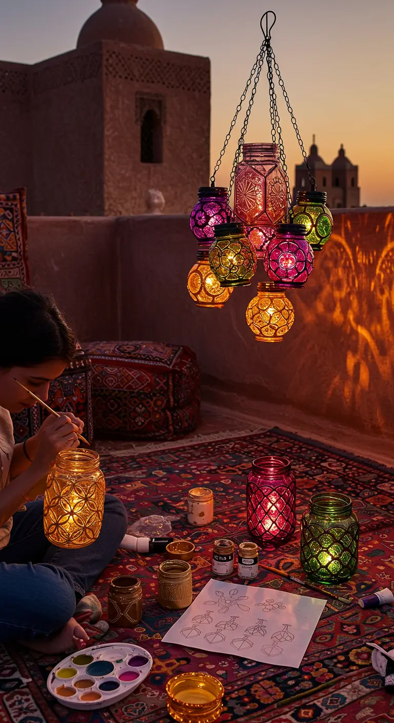 Mujer pintando a mano frascos de vidrio con colores vibrantes para crear lámparas de estilo marroquí.