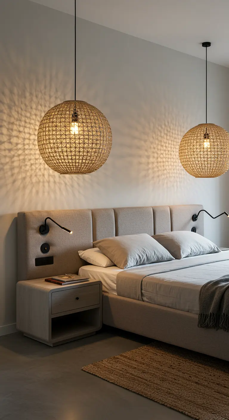 Dormitorio con dos lámparas colgantes de mimbre esféricas que proyectan sombras en la pared.