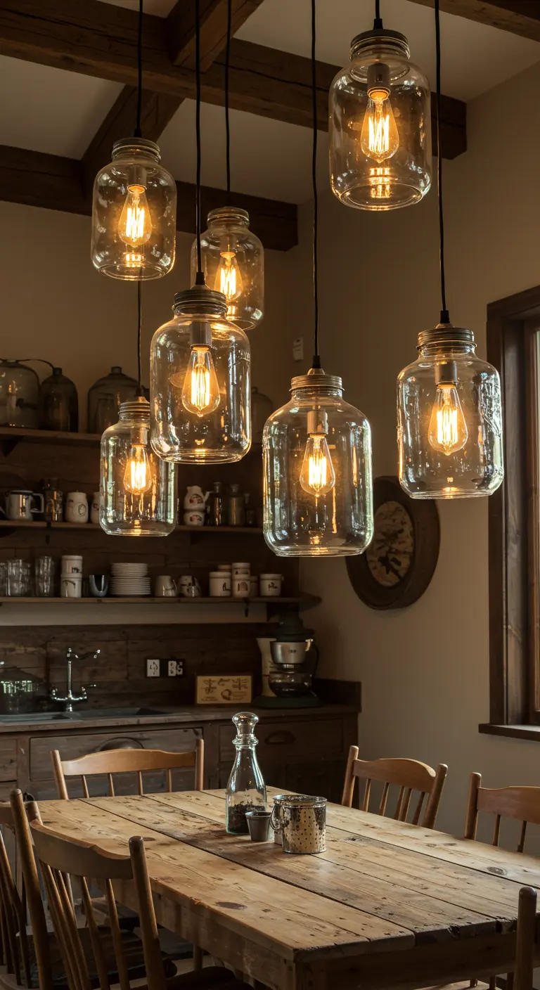 Grupo de lámparas colgantes hechas con frascos de vidrio grandes y bombillas Edison sobre una mesa de comedor de madera.