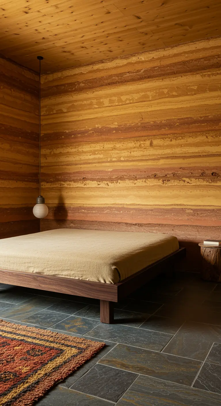 Dormitorio con una pared de acento que imita la tierra apisonada en tonos ocres y rojizos.