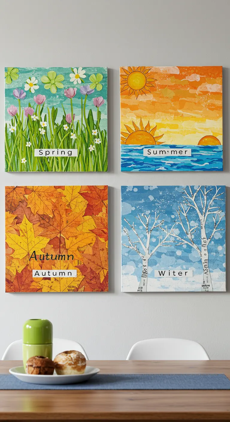 Cuatro cuadros de collage representando las cuatro estaciones: primavera, verano, otoño e invierno.