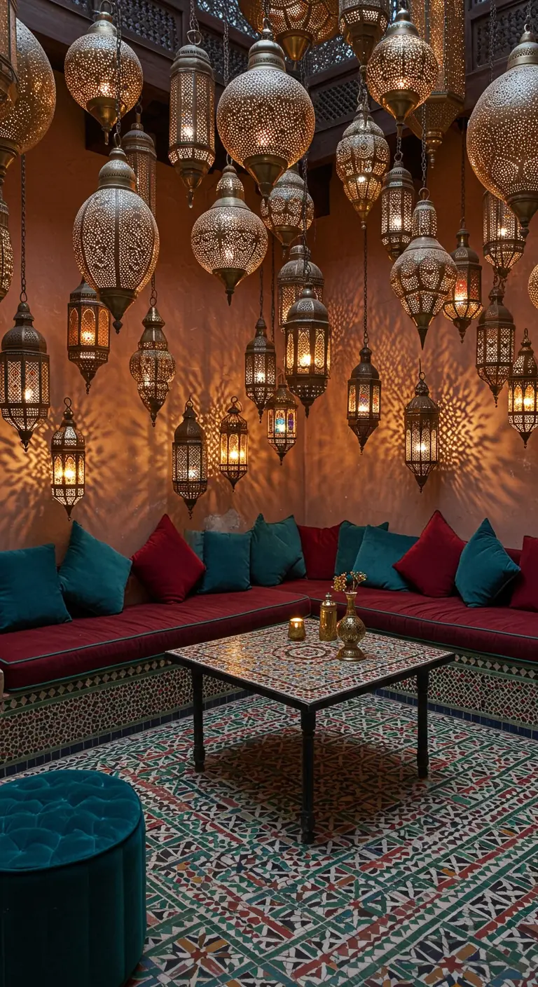 Patio de inspiración marroquí con un sofá en forma de U, cojines de colores y decenas de lámparas metálicas