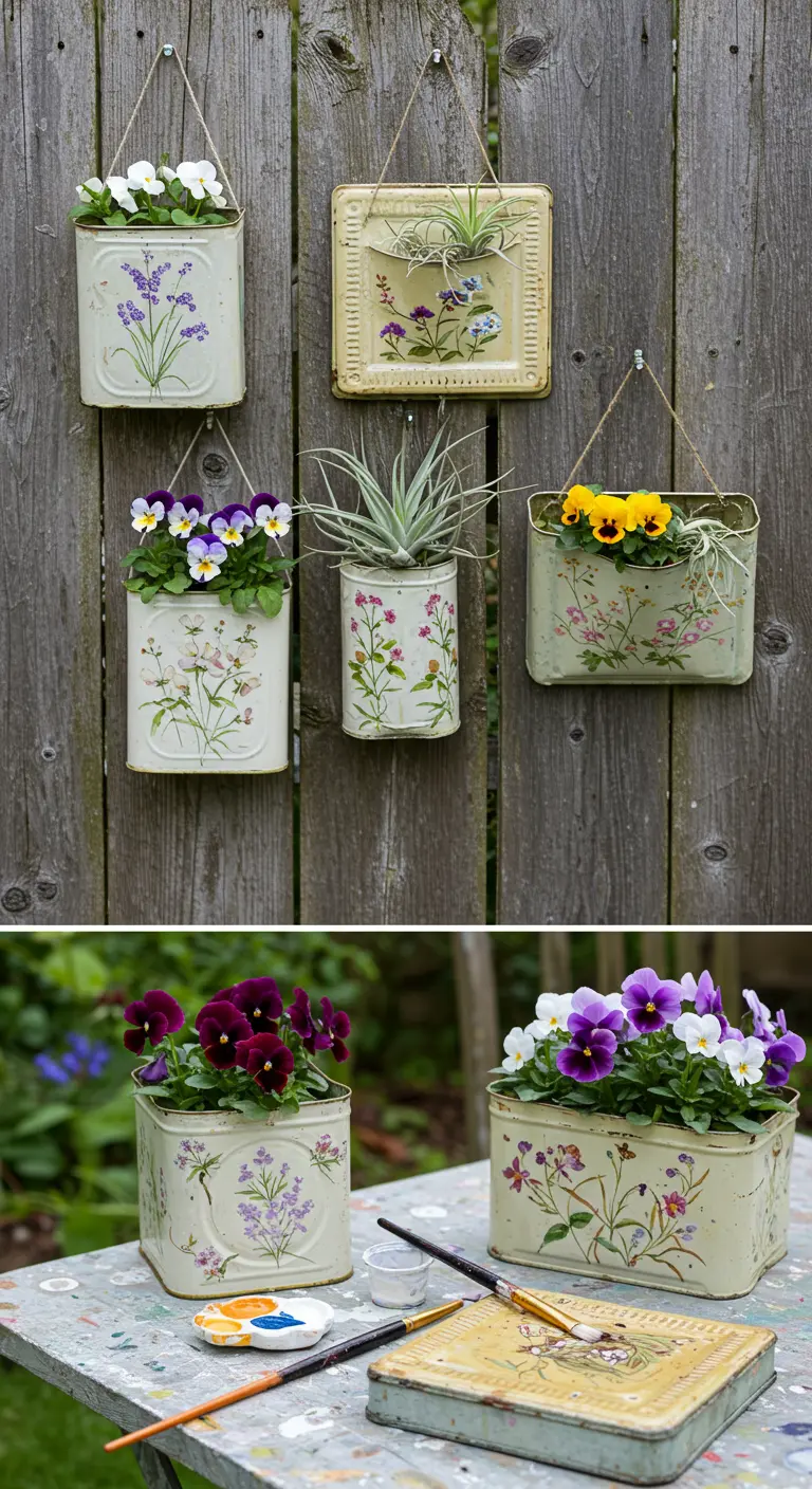 Cajas metálicas vintage pintadas con motivos florales, usadas como maceteros colgantes en una valla.