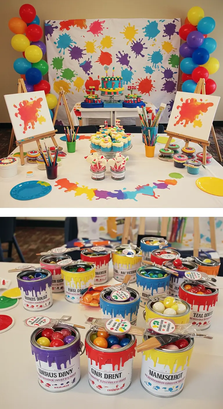 Pequeñas latas de pintura llenas de caramelos de colores como recuerdo de fiesta.