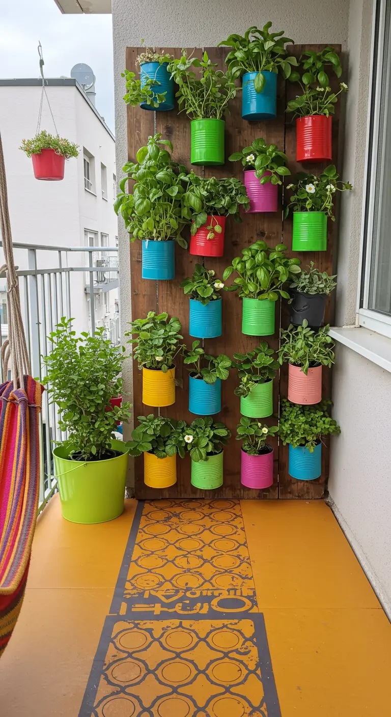 Latas de metal pintadas de colores vivos y usadas como macetas en un panel de madera.