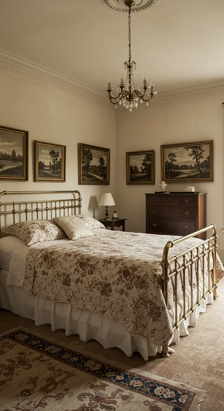 Dormitorio de estilo cottage con cama de latón, ropa de cama floral y muebles de madera oscura.