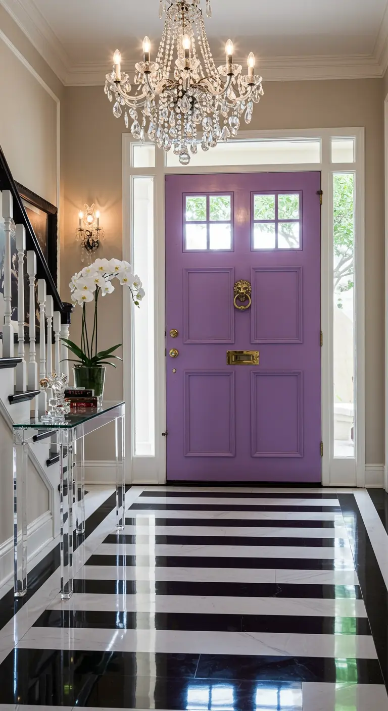 Entrada glamurosa con puerta color lavanda, suelo de rayas y una orquídea blanca.