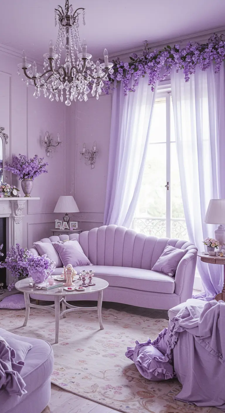 Sala de estar romántica en tonos lavanda con sofá de terciopelo y candelabro de cristal.