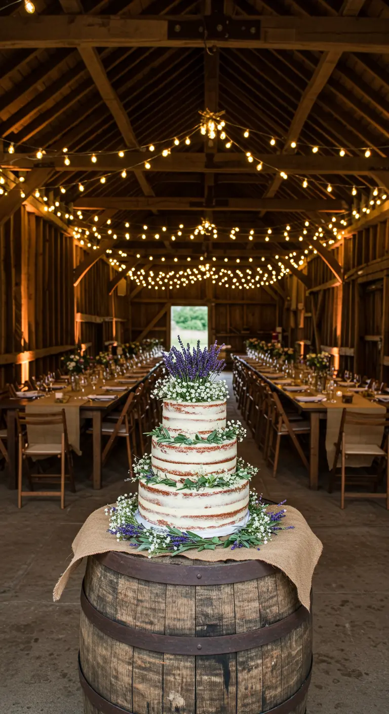 Pastel de bodas rústico de tres pisos decorado con lavanda en un granero.