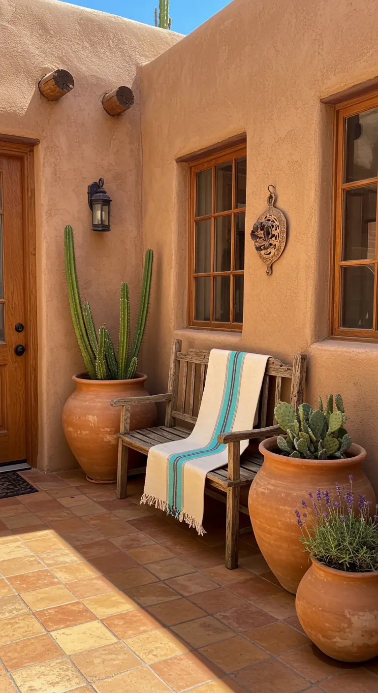 Patio de estilo suroeste con paredes de adobe, macetas de terracota con lavanda y cactus.