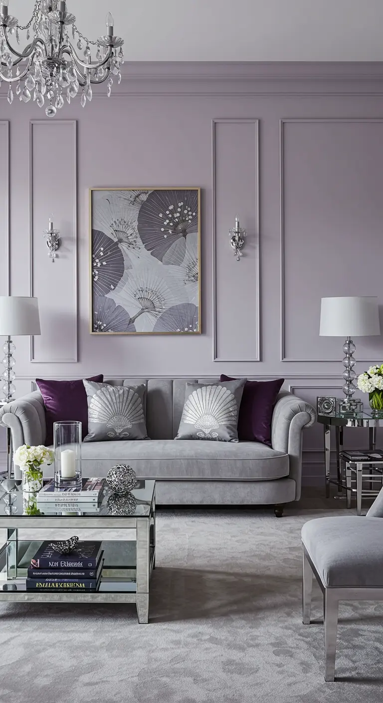 Sala elegante con paredes color lavanda, sofá gris y detalles decorativos en plata y cristal.