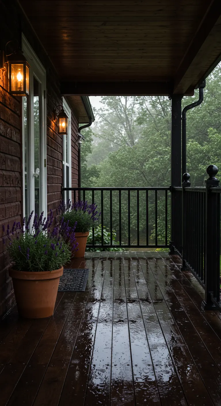 Porche de madera oscura en un día de lluvia, con el color de las macetas de lavanda resaltando.