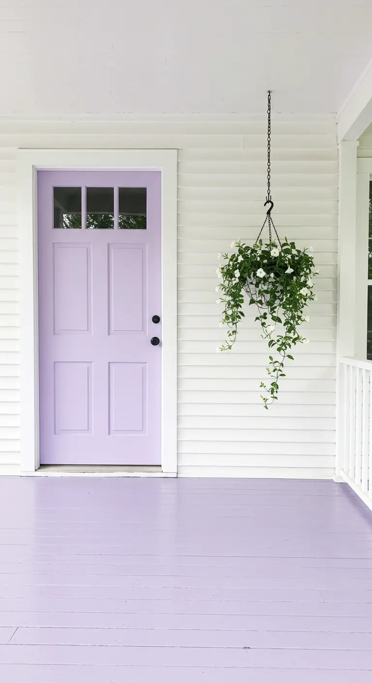 Porche con paredes blancas, suelo y puerta pintados de un suave color lavanda y una planta colgante