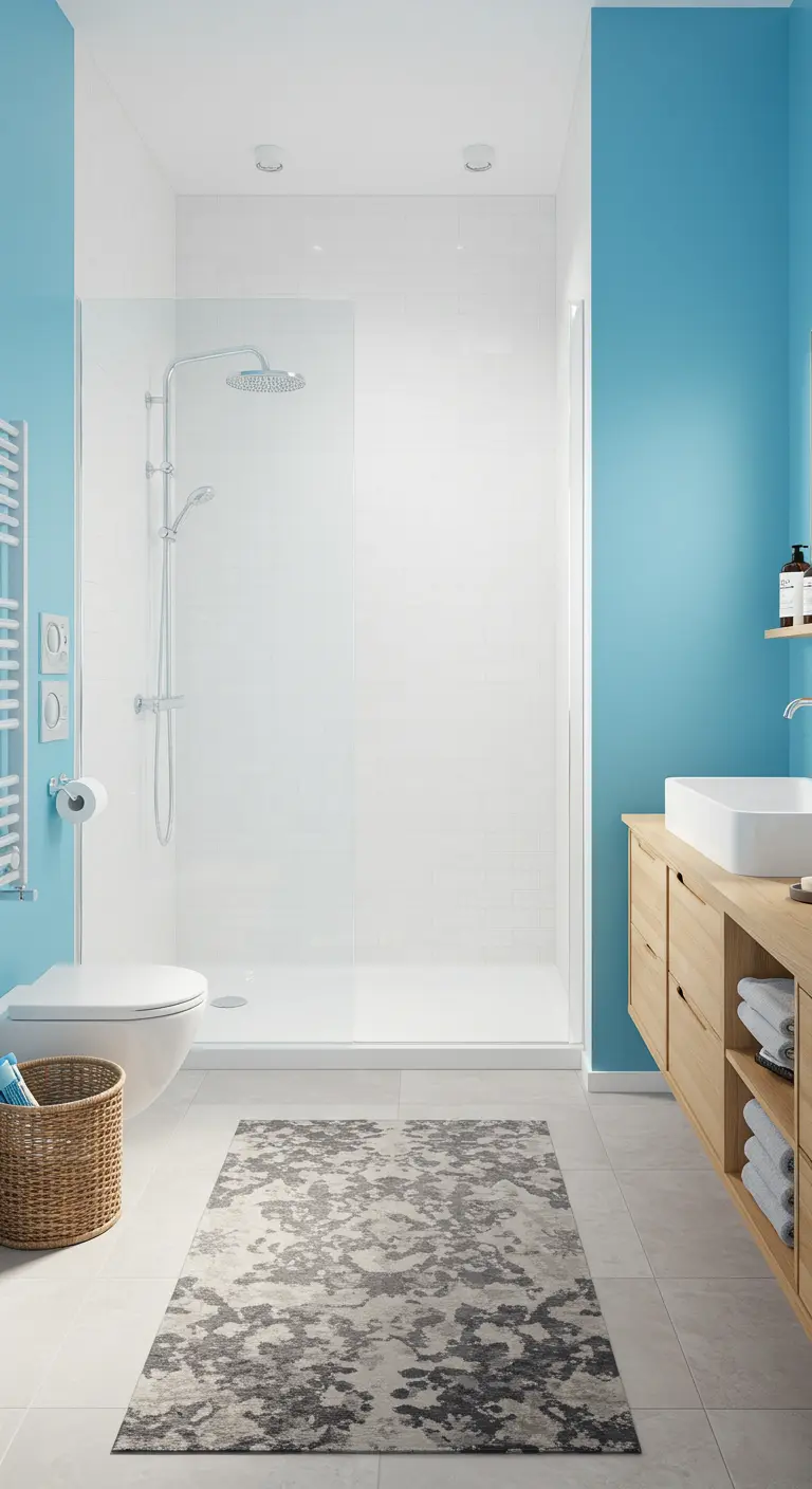 Baño moderno con paredes pintadas en bloques de color azul cielo y lavanda pálido