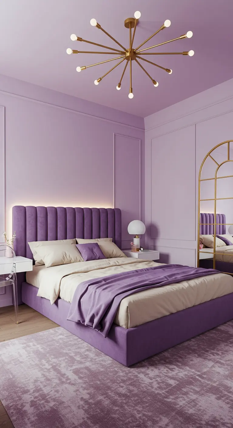 Dormitorio moderno en tonos lavanda con una cama tapizada y una lámpara dorada de diseño.