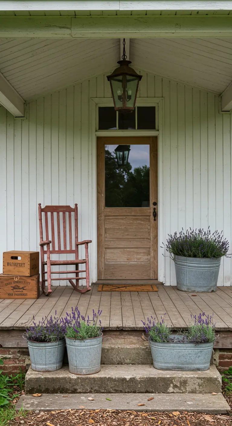Entrada rústica con una mecedora de madera, macetas de zinc con lavanda y cajas de fruta apiladas.