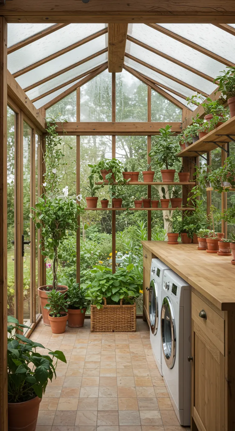 Lavandería luminosa dentro de un invernadero de cristal, rodeada de plantas y vegetación.