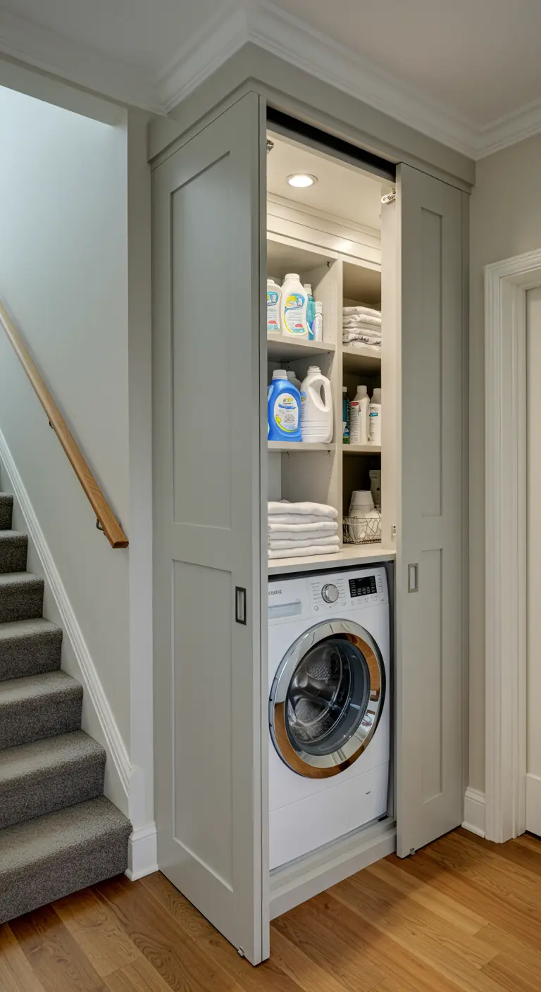 Armario de lavandería oculto bajo la escalera con lavadora y estantes