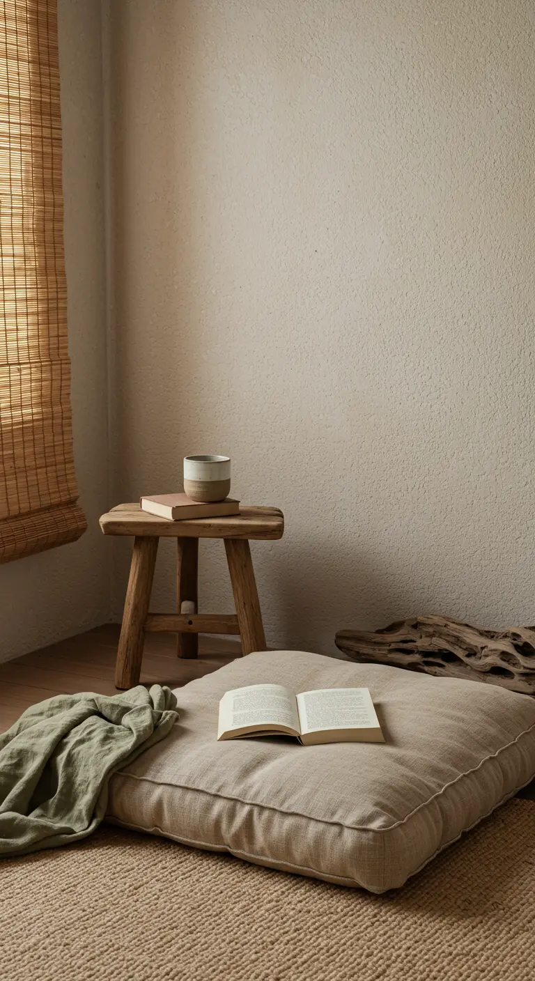 Rincón de lectura minimalista con cojín de suelo, manta de lino y taburete de madera.