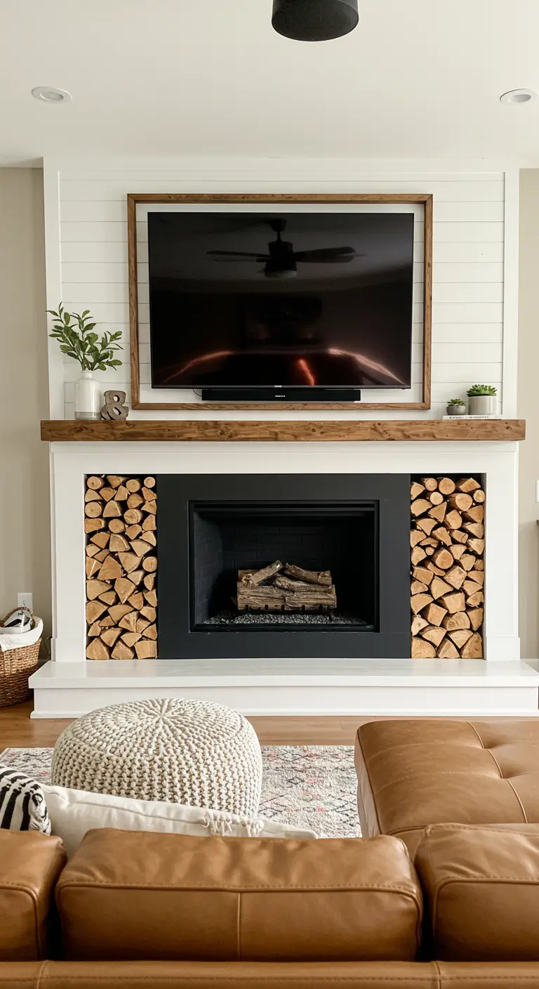 Chimenea moderna con nichos laterales rellenos de troncos de leña perfectamente apilados