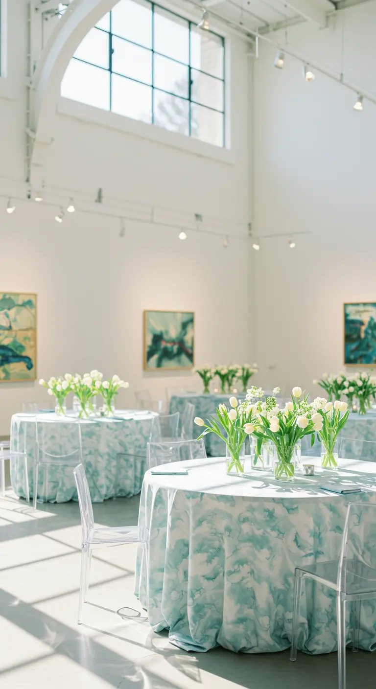 Mesas redondas con manteles de acuarela azul y jarrones con tulipanes blancos.