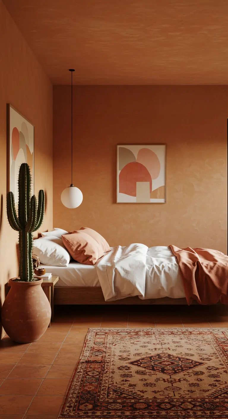 Dormitorio con paredes texturizadas en color terracota y un gran cactus en maceta de barro.