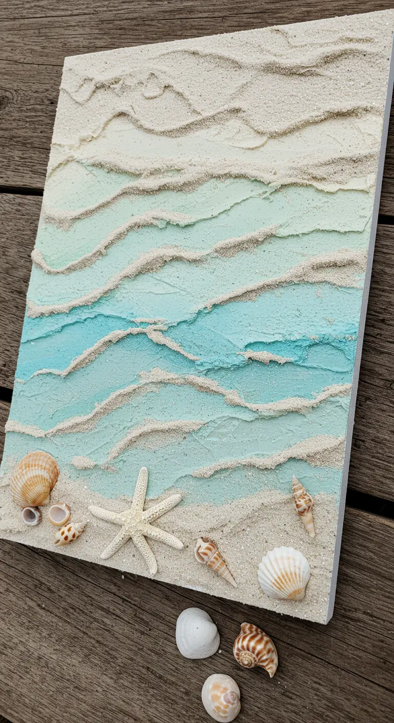 Lienzo texturizado que simula una playa con arena, olas en tonos turquesa y conchas marinas reales.