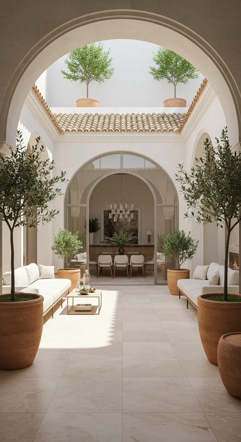 Patio amplio y luminoso con paredes blancas, arcos, suelo claro y grandes macetas con olivos
