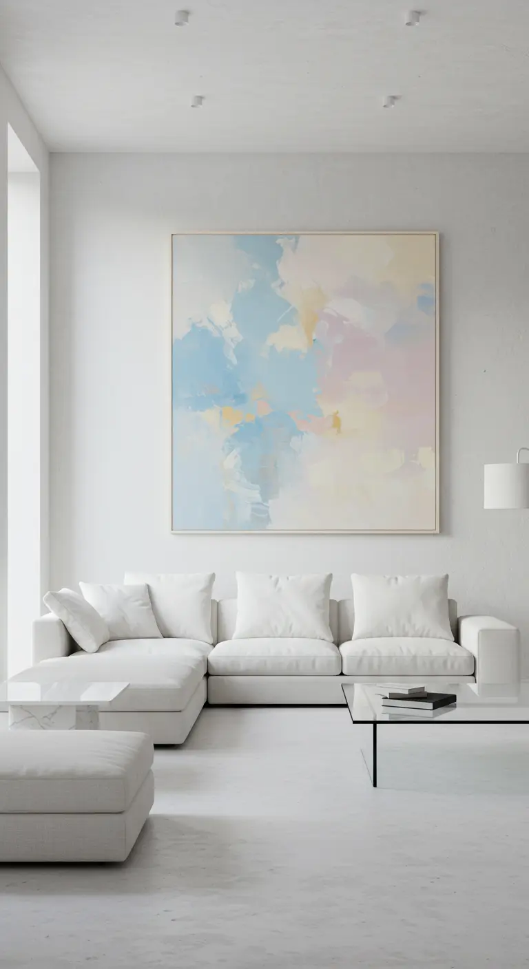 Sala minimalista totalmente blanca con un gran cuadro abstracto en tonos pastel sobre el sofá.