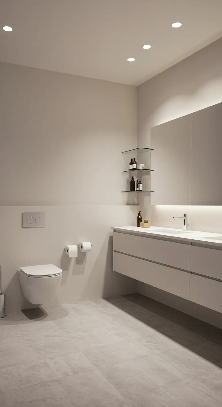 Baño completamente blanco y minimalista con un mueble de lavabo flotante e iluminación indirecta.
