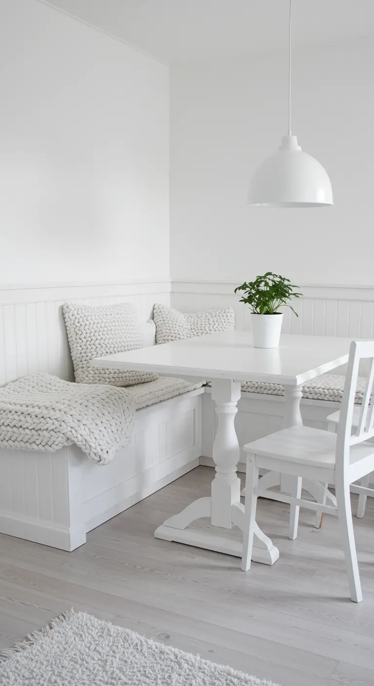 Comedor totalmente blanco de estilo escandinavo con texturas de punto grueso en el banco.