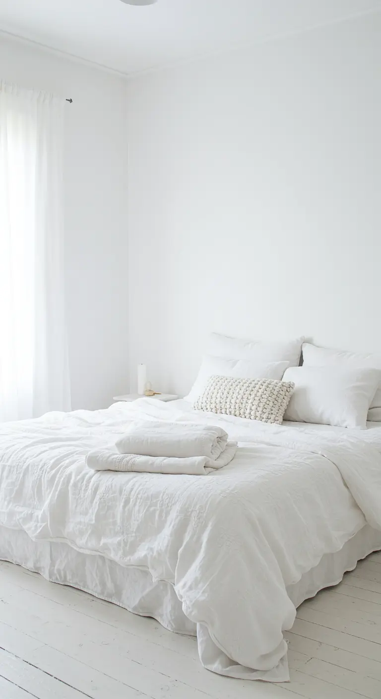 Dormitorio totalmente blanco con capas de textiles de diferentes texturas: lino, punto y algodón.