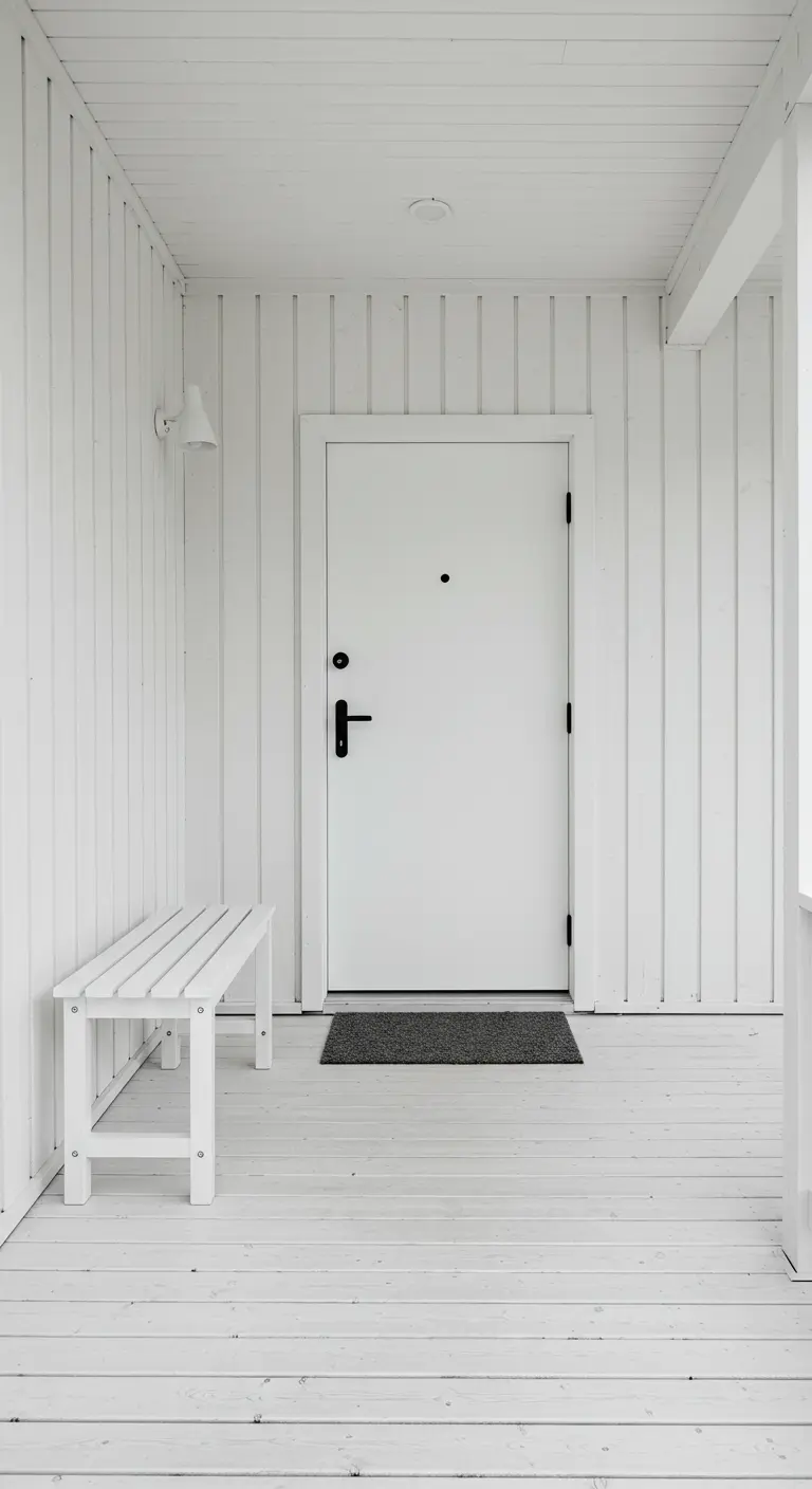 Porche minimalista completamente blanco con un banco de madera a juego y herrajes de puerta en negro