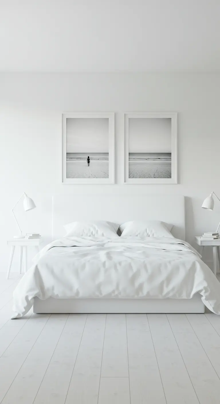 Dormitorio completamente blanco y minimalista con dos fotografías de playa en blanco y negro.