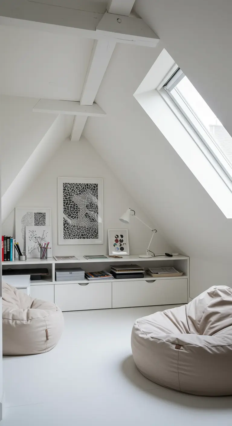 Estudio minimalista y blanco en un ático, con muebles bajos, arte abstracto y dos pufs grandes