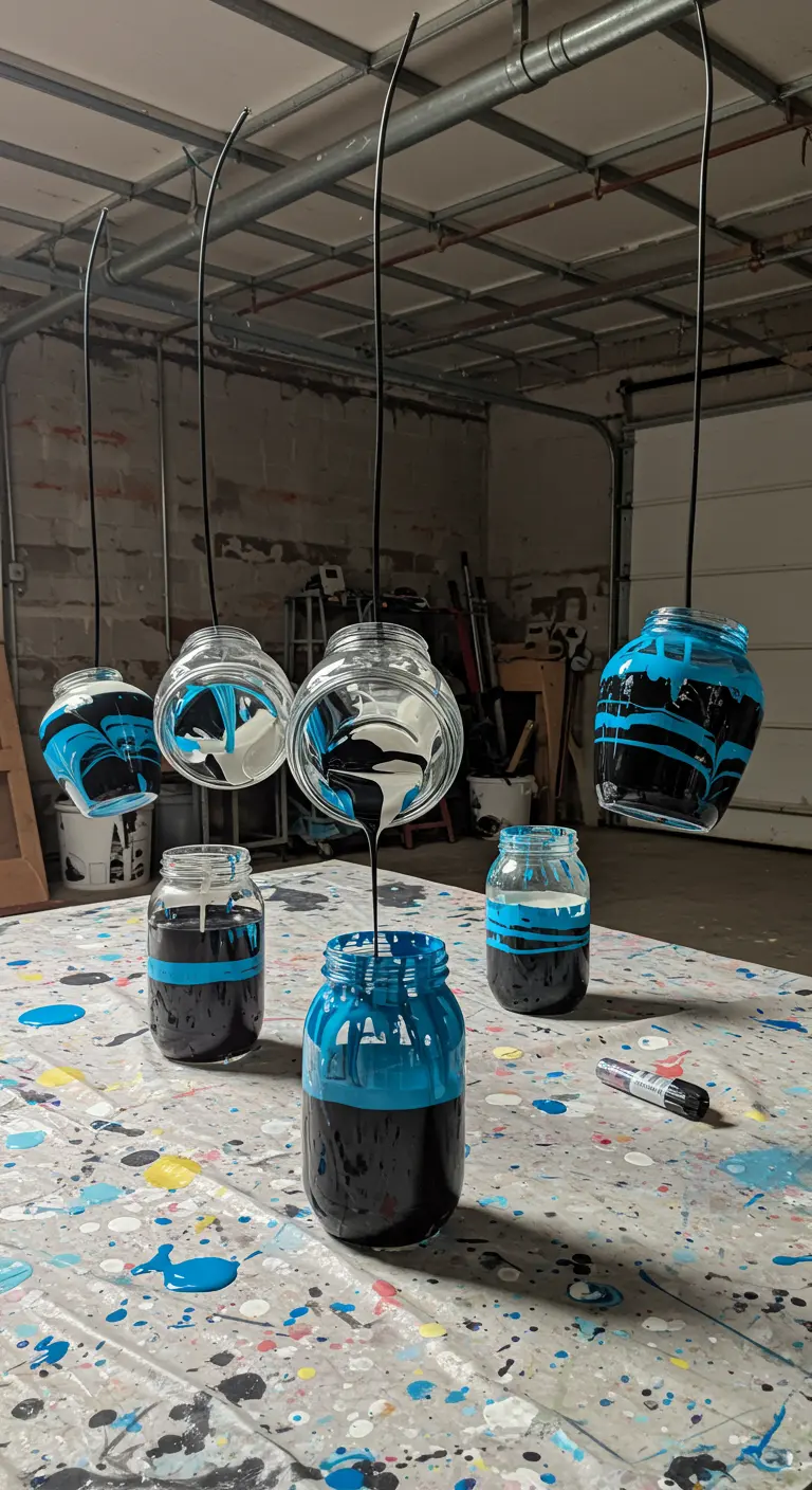 Lámparas DIY creadas vertiendo pintura acrílica negra, blanca y azul sobre frascos de vidrio.