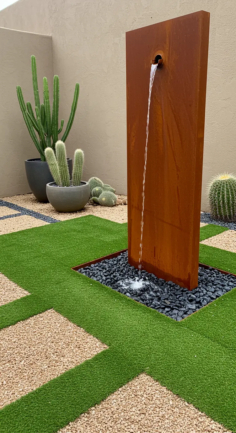 Fuente de pared de acero corten en un patio con cactus y diseño geométrico de césped y grava.