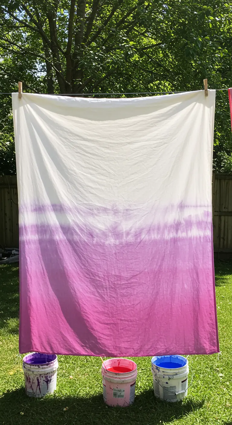 Tela blanca teñida con un efecto degradado de morado a fucsia, secándose al aire libre.