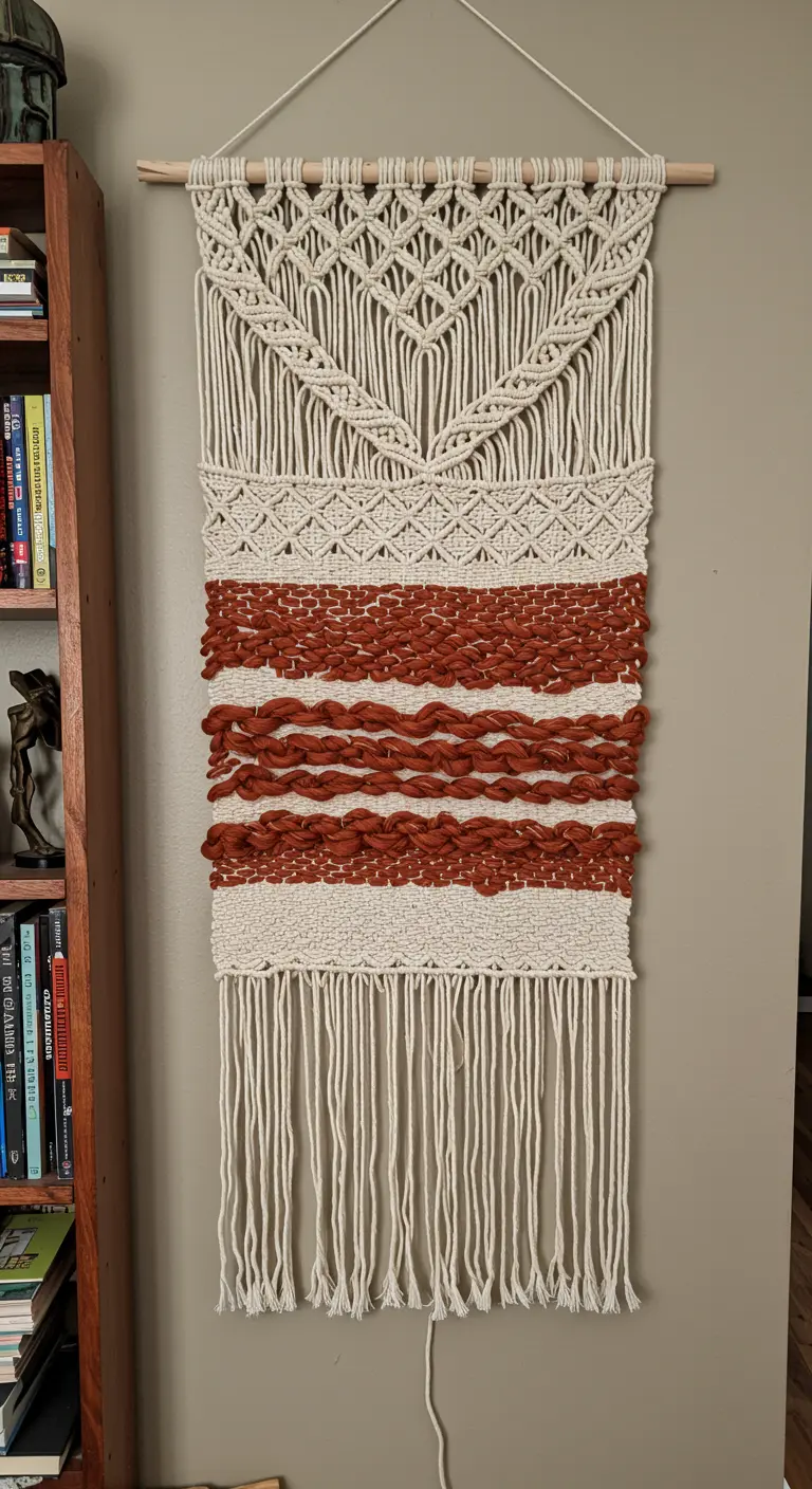 Tapiz de macramé largo que combina nudos en crudo con secciones tejidas de lana gruesa color teja.