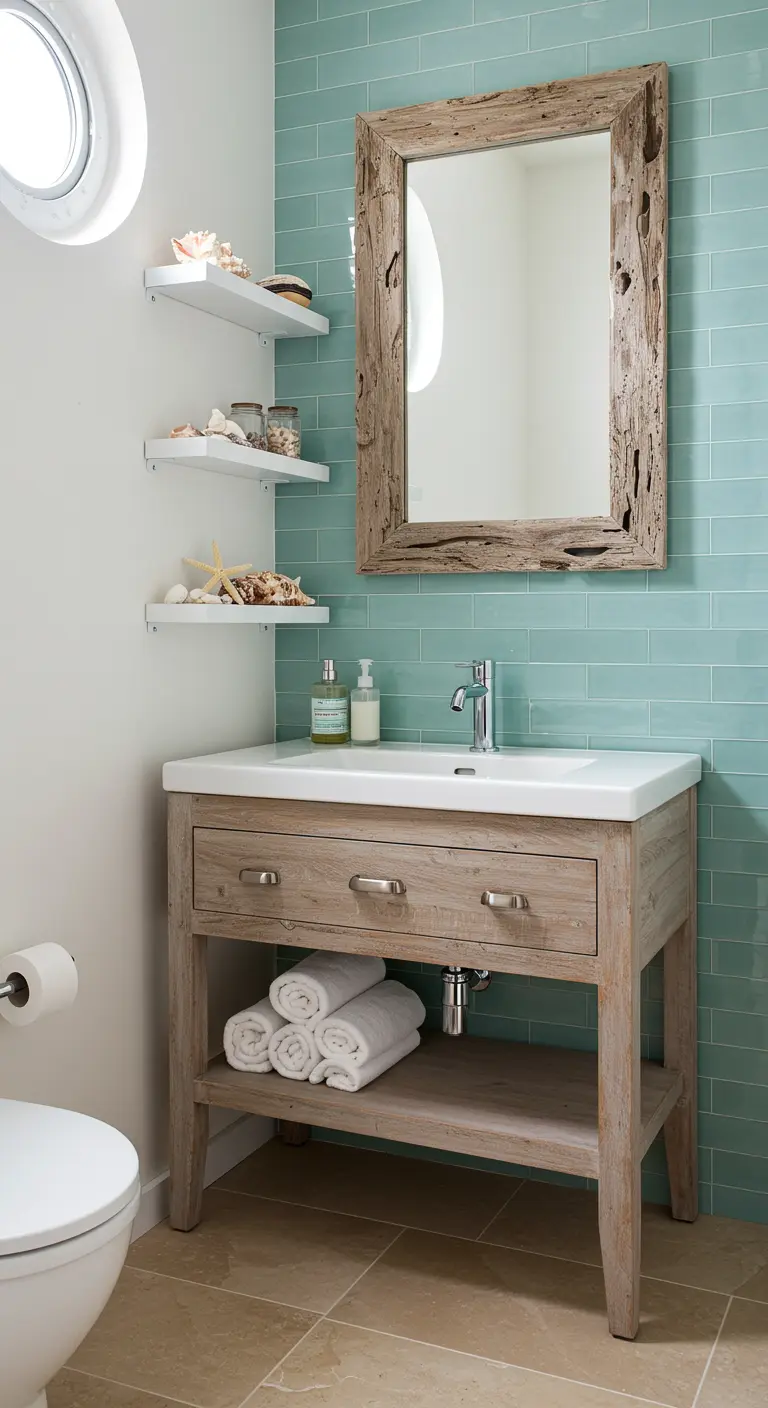 Baño de estilo costero con pequeñas baldas flotantes blancas en una esquina.